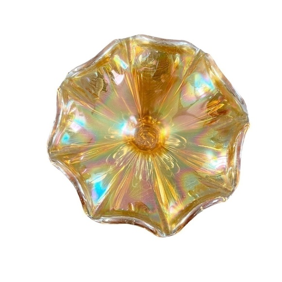 Antique Marigold Carnival Glass Compote Candy Dish Ruffle Clear Stem - Picture 5 of 7